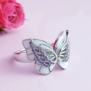 

Huitan Colorful Butterfly Party Ring White/Pink Cute Bow Hollow Out Double Design Bright Beautiful Gift For Girl Fashion Jewelry