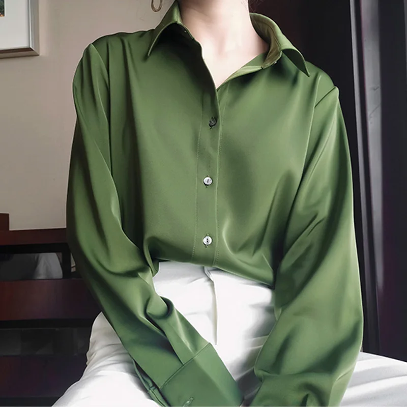 

Acetate Satin Blouse For Women Spring Autumn Elegant Solid Color Long Sleeve Pffice Wear Shirt Lady Basic Blouse