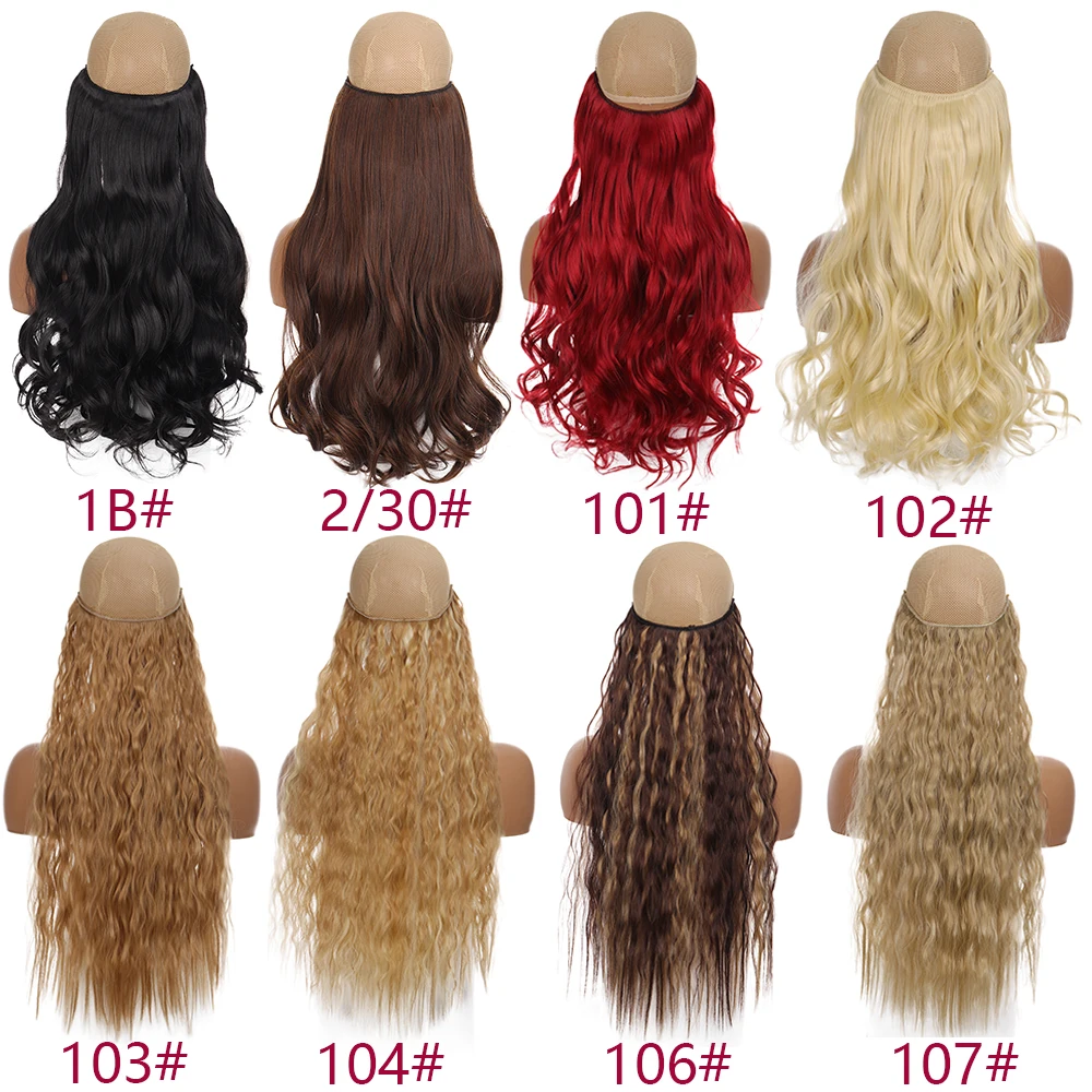 MANWEI Synthetic 60cm Women Fish Line Hair Extensions Brown Blonde Natural Wavy Long High Tempreture Fiber Synthetic Hairpiece