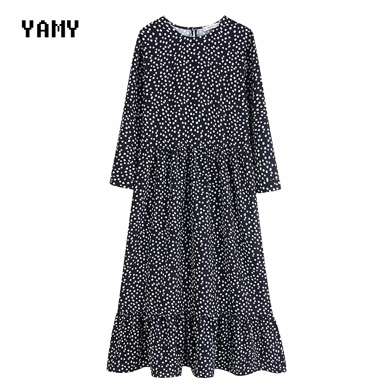 

Polka dots print Womens Winter Dress long sleeve high waist casual Dresses Vestidos Female Maxi long pleated ruffles za Dress