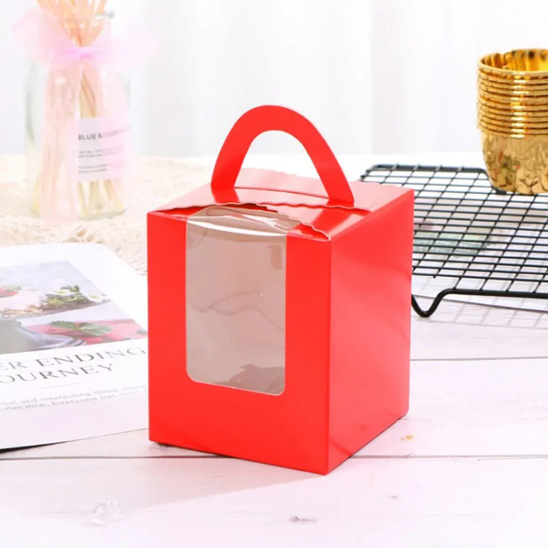 Description Picture 6 of item6Pcs Muffin Pastry Cake Box with Handle Cardboard Paper Cupcake Box Cake Packaging Box Festival Party Decoration Supplies