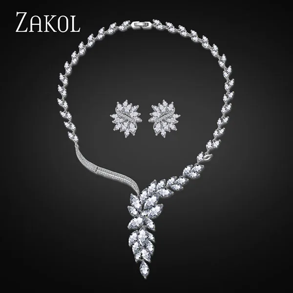 ZAKOL свадебный ювелирный набор, Свадебный кулон, цветок, серьги-гвоздики с кристаллами, колье, массивное ожерелье, наборы для подружки невесты, Christma FSSP003 - Окраска металла: White