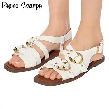 

Buono Scarpe Natural Leather Women Flat Sandals Metal Buckles Rivets Gladiator Shoes Summer Beach Sandals Casual Black Shoes New