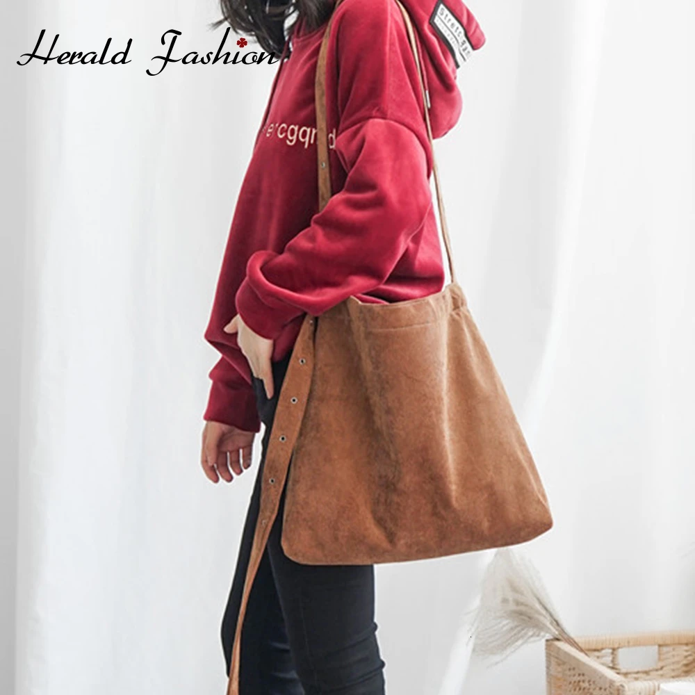 

Herald Fashion Student Corduroy Tote Bag Student Casual Solid Shoulder Bag Reusable Women Cross Body Shopping Beach Bag 2019