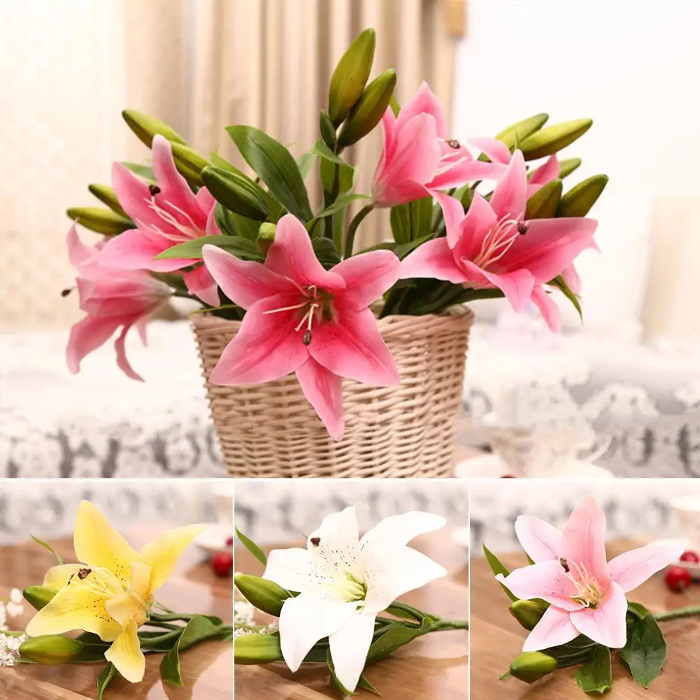 Beautiful 3 Heads Artificial Fake Lily Flower Bouquet Wedding Party Home Decor 