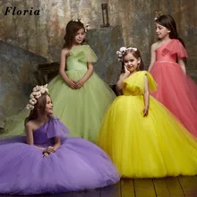 

4 Colors Wedding Party Dress For Girls One Shoulder Girl's Princess Beaded Kids' Communion Dresses Ball Gown Girls Flowers Gowns