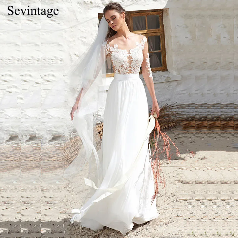 

Sevintage Beach Chiffon Boho Wedding Dresses 3/4 Sleeves Lace Bridal Gowns Backless Sweep Train Custom Made Vestido De Noiva