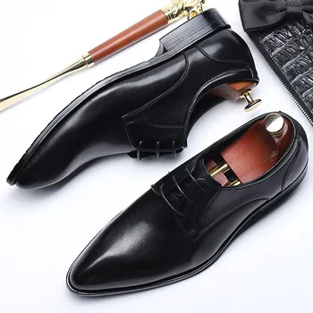 

Genuine Leather Pointed Toe Business Mens Shoes Fashion Lace-up Man Shoes Handmade Formal Shoes Men Wedding Shoes
