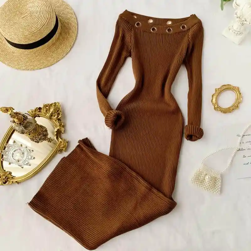 Vestido вязаное платье для женщин 2021 с длинным рукавом и О образным вырезом Sloid