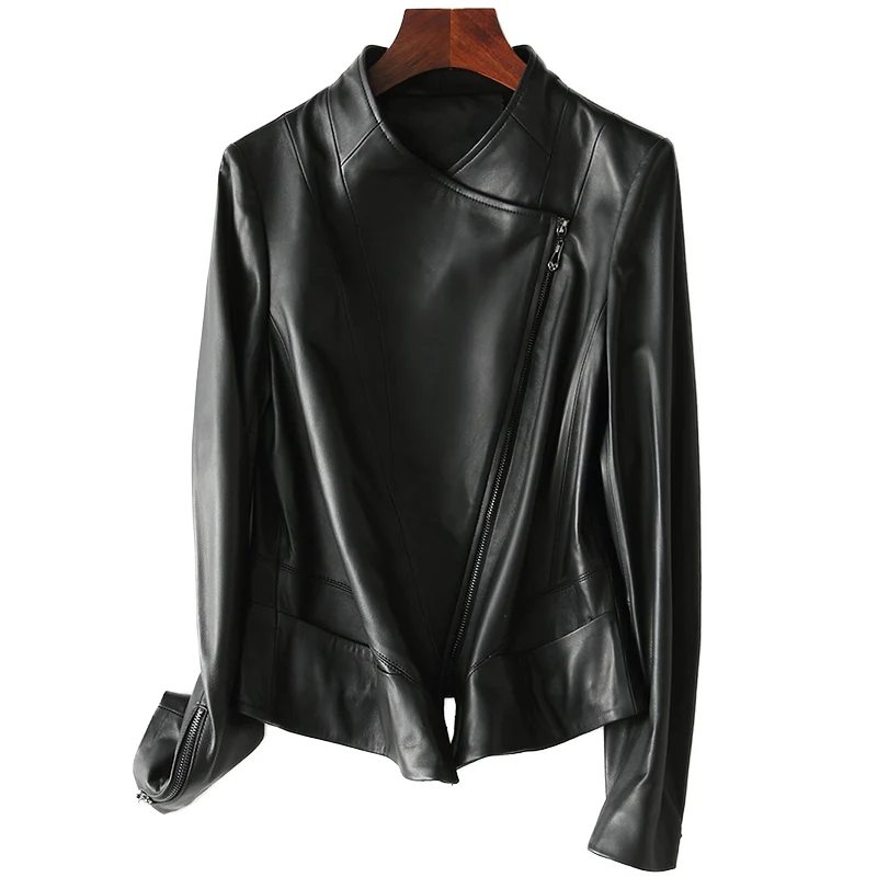 Female short design sheepskin coats womens motorcycle genuine leather jacket women slim outerwear newest - Цвет: Черный