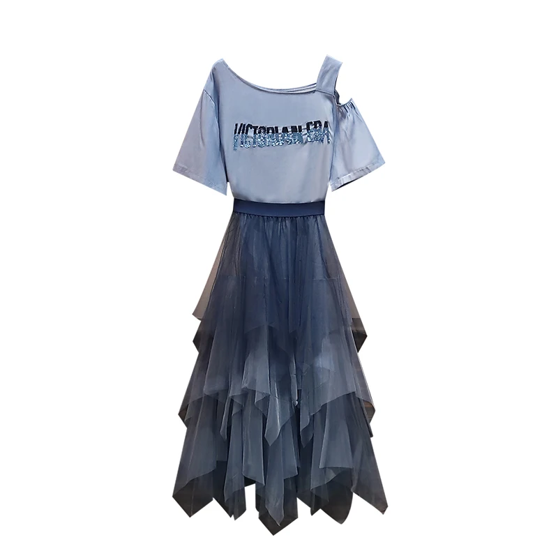 

Plus size 5xl 6xl 7XL Women Off Shoulder Solid Shirts+Mesh Skirts Sets Woman Summer Casual O Neck Vest Skirt Clothing Suits