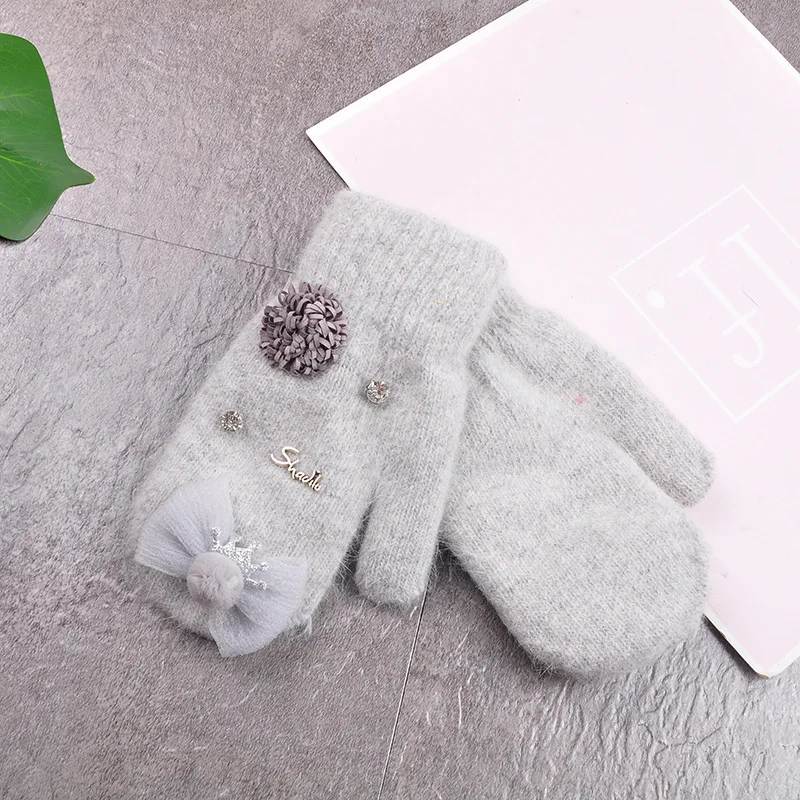 Хлопковые перчатки с кроличьей шерстью милые теплые перчатки с бантиком и короной для маленьких девочек Детские Зимние Бархатные Меховые варежки подарок для новорожденных