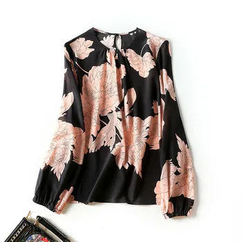 

European and American women's dresses for spring 2021 Floral print with long sleeve round collar Fashion silk shirt