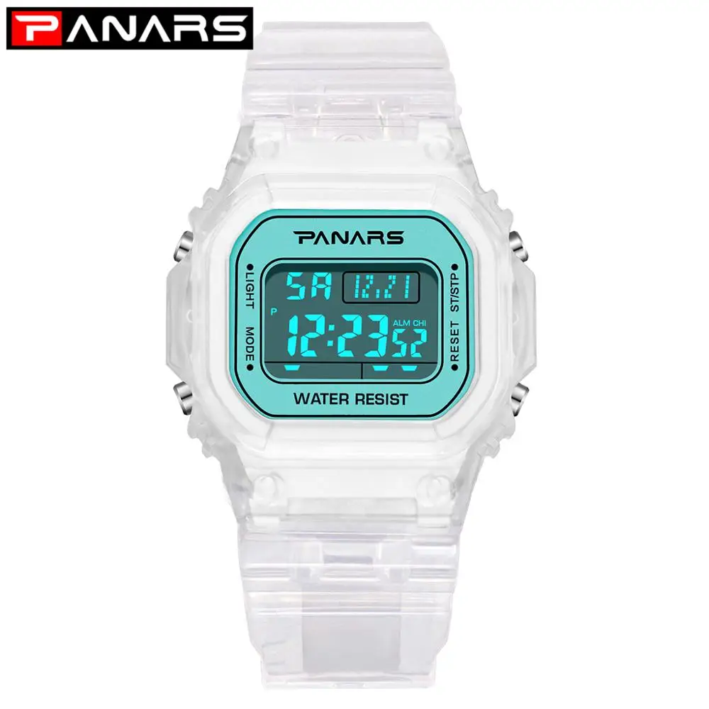 PANARS спортивные мужские цифровые часы модные светящиеся многофункциональные водонепроницаемые женские цифровые часы будильник таймер Relogio Masculino - Цвет: Transparent Blue