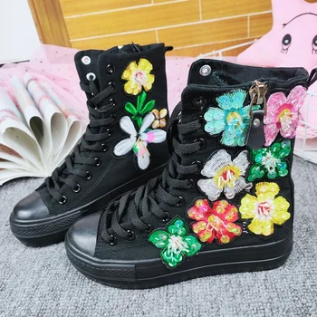 

Black Canvas Fashion Sneakers Women's Glitter Flower Sequins Casual Shoes 2020 Ladies Trainers Lace Up High Tops Sneaker Shoes