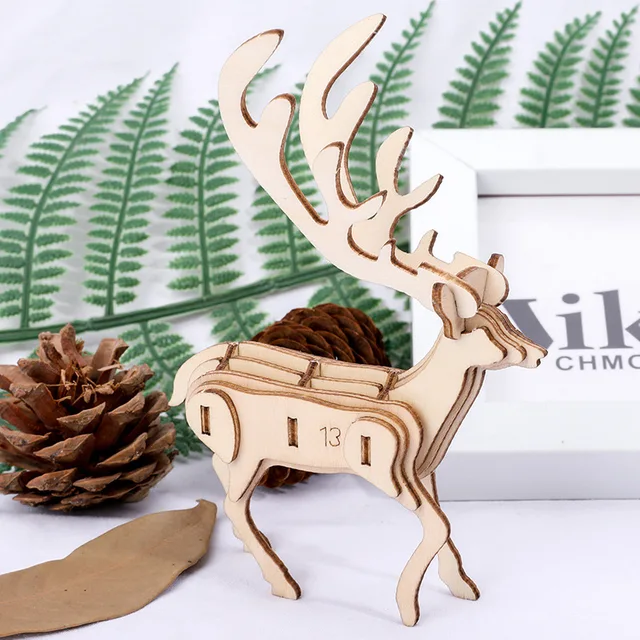 DIY 3D Animal Puzzle Creative Handmade Wooden Puzzles Toys for Children Adult Model Intellectual Education Deer Monkey Jigsaw Deer