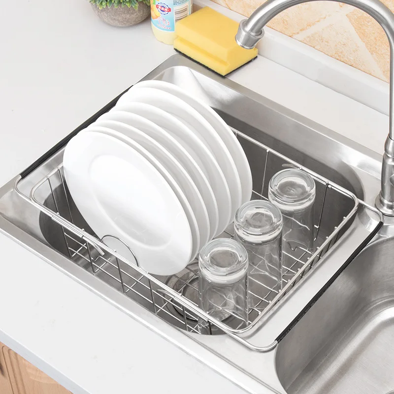 Stainless Steel Sinks Telescopic Fruit and Vegetable Sink Drain Basket Dish Storage Washing