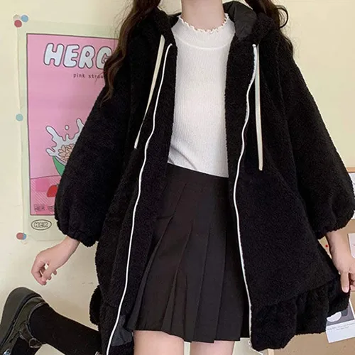여성용 후드티, 라지 사이즈, 단색 집업, 긴 랜턴 소매, 토끼 귀, 로리타, 귀엽고 사랑스러운 소녀, 하라주쿠 스타일, 따뜻한 헐렁함 4