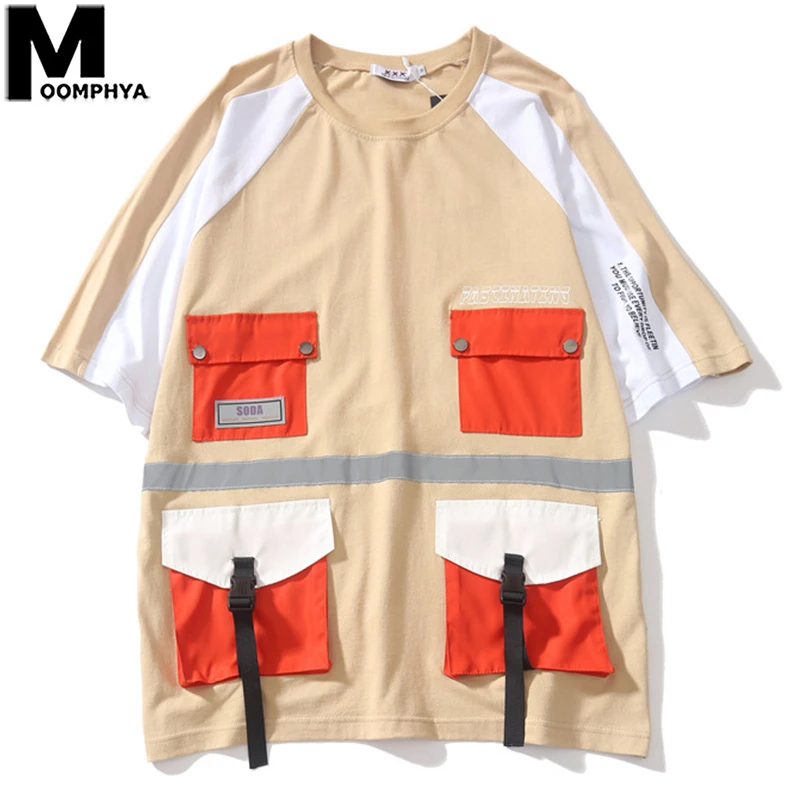 

Moomphya Multi Pockets Splicing Short Sleeve T-shirt Men Clothes 2019 Streetwear Cotton Summer Tops Tees Male Oversized T Shirts