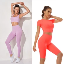 Roupa push up sem costura feminina, conjunto esportivo de ginástica com bojo e calça legging de cintura alta para academia e treino