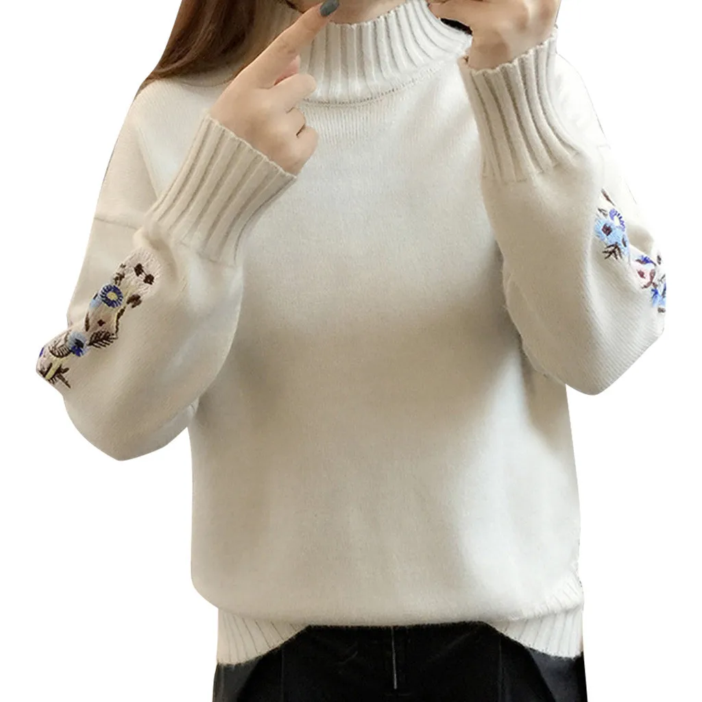 New Loose Thick Warm Winter Pullover Sweater Women Embroidery Jumper Half Turtleneck Long Sleeve Knit Yellow Sweater Female - Color: Beige