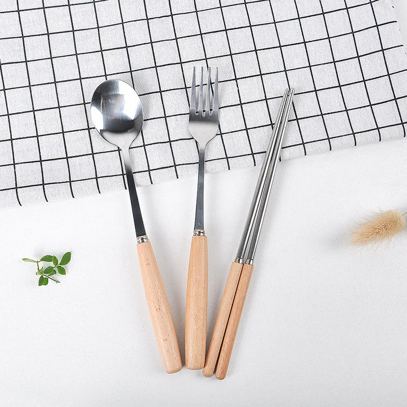 Посуда из нержавеющей стали с деревянной ручкой многоразовые палочки для еды посуда Серебристый Стальной Противоскользящий бытовой металл
