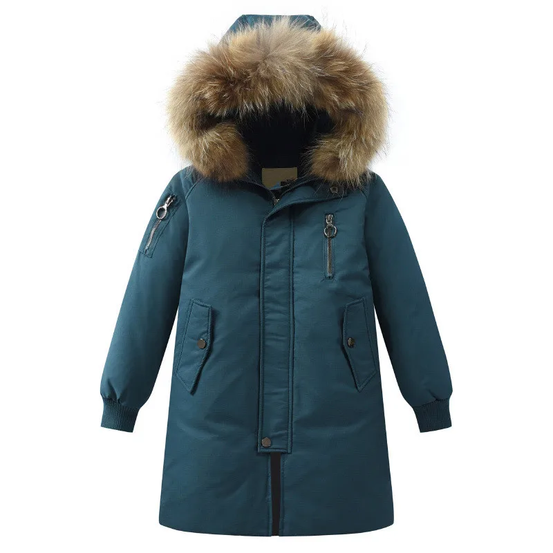 Зимняя куртка-пуховик для мальчиков плотная теплая Модная стильная Длинная модель с большими карманами, детские парки на утином пуху верхняя одежда с мехом для детей и подростков