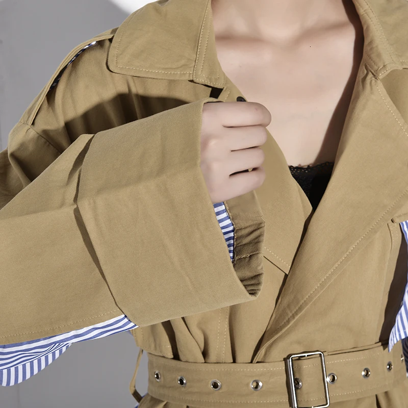 [EAM] Свободная куртка в полоску цвета хаки с вышивкой большого размера, новинка, Женское пальто с отворотом и длинным рукавом, модное осенне-зимнее пальто WJ08504