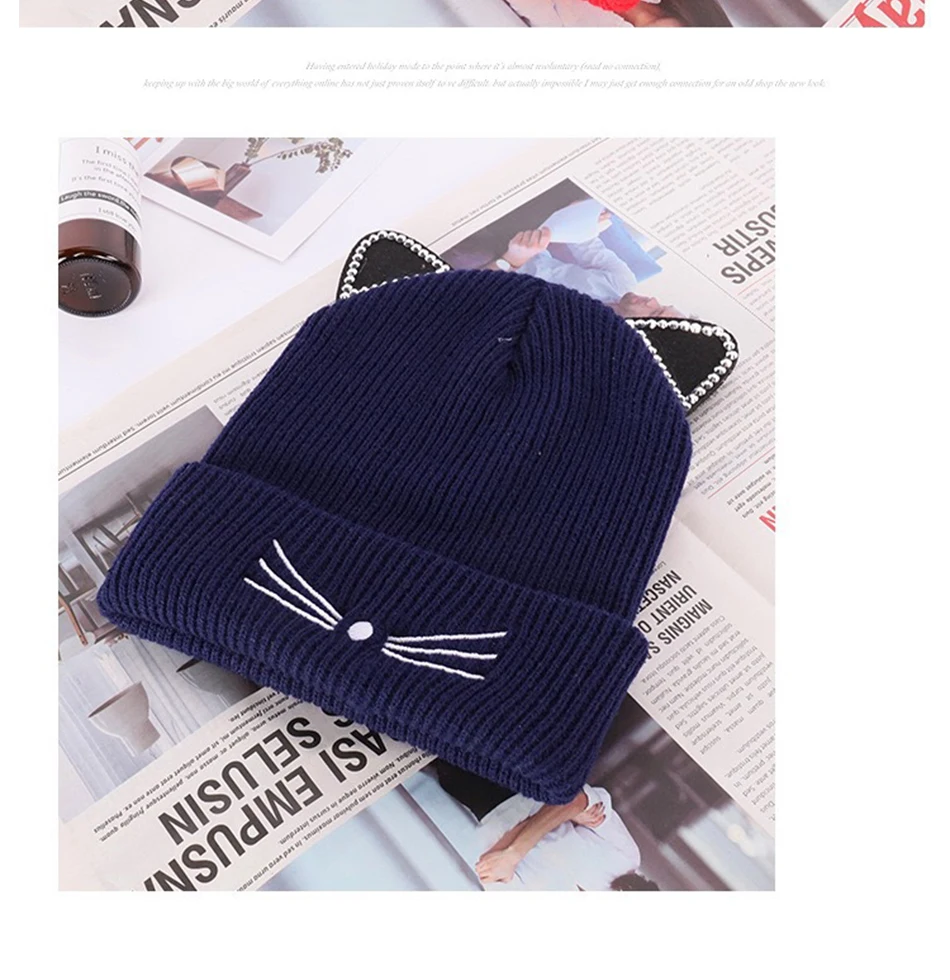 winter beanie hat Brand fashion cat ear Winter knitted Beanies Hats Women Thick Warm Skullies Hat Bonnet Beanie Caps Outdoor Casual All-match beanie cap