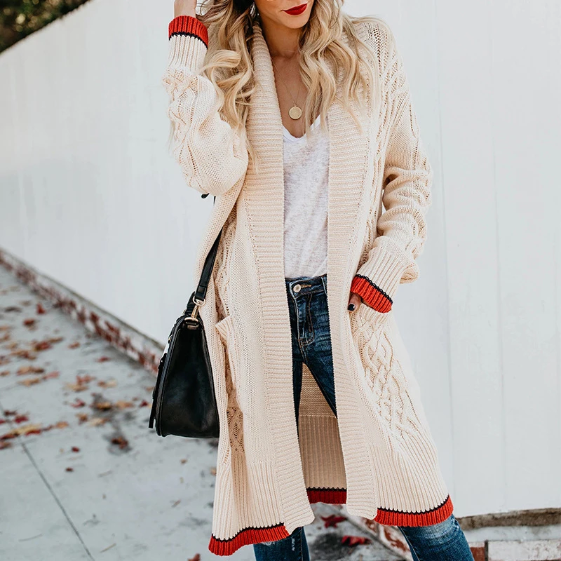 

2019 Autumn Winter New Sweater Women Long Cardigan Clip Color Twisted Pocket Sweater Ladies Coat