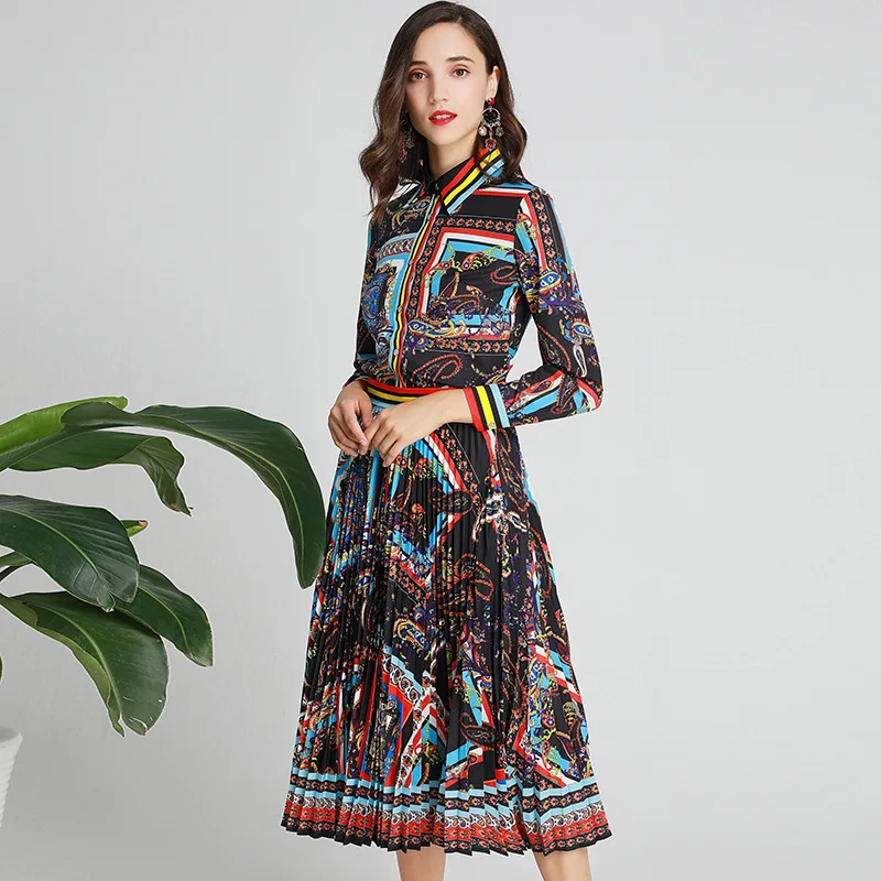 

SEQINYY Vintage Suit 2020 Spring Autumn New Fashion Design Shirt + Pleated Midi Skirt Flowers Printed Women Black Set