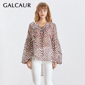 

GALCAUR Sexy Striped Shirt For Female V Neck Lantern Long Sleeve Loose Lace Up Hit Color Blouse For Women Clothing 2020 Fashion