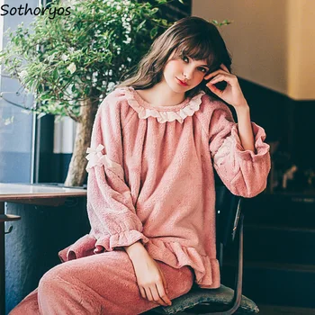 

Pajama Sets Women Thicker O-Neck Coral Fleece Soft Winter Long Sleeve Sleepwear Womens Kawaii European Style Home Clothes Set