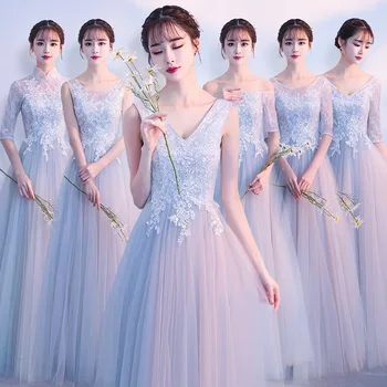 

Bridesmaid Dress Appliques O-Neck Vestido De Festa A-Line Long Elegant Women Gowns Embroidery Sleeve Wedding Party Dresses R027