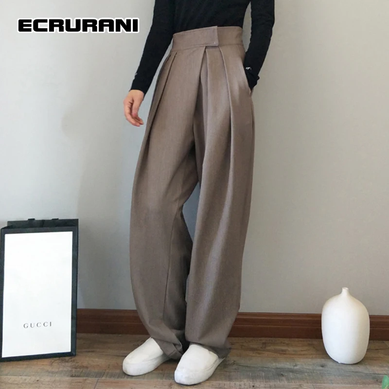 ECRURANI Black Casual Wide Leg Pants For Women High Waist Pockets Solid Loose Full Length Trousers Females 2021 Fashion Clothing