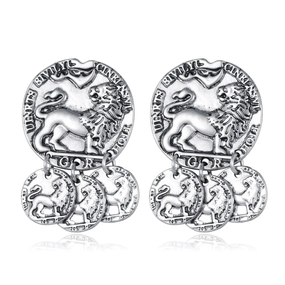 Новое поступление, женские Винтажные висячие серьги, рисунок льва, Серебряное украшение для ушей, круглый диск, Висячие кисточки - Окраска металла: style 2 silver