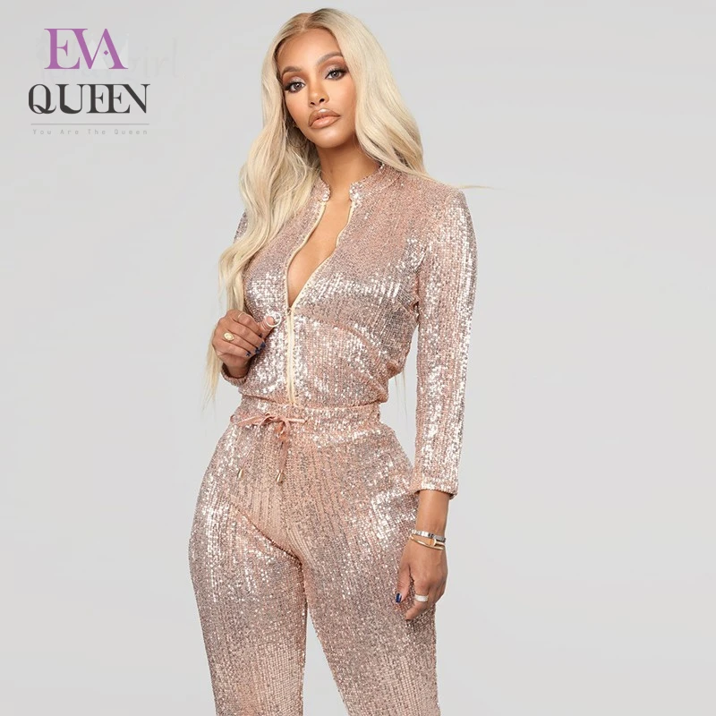 Женский комбинезон с блестками EvaQueen элегантный Облегающий длинным рукавом