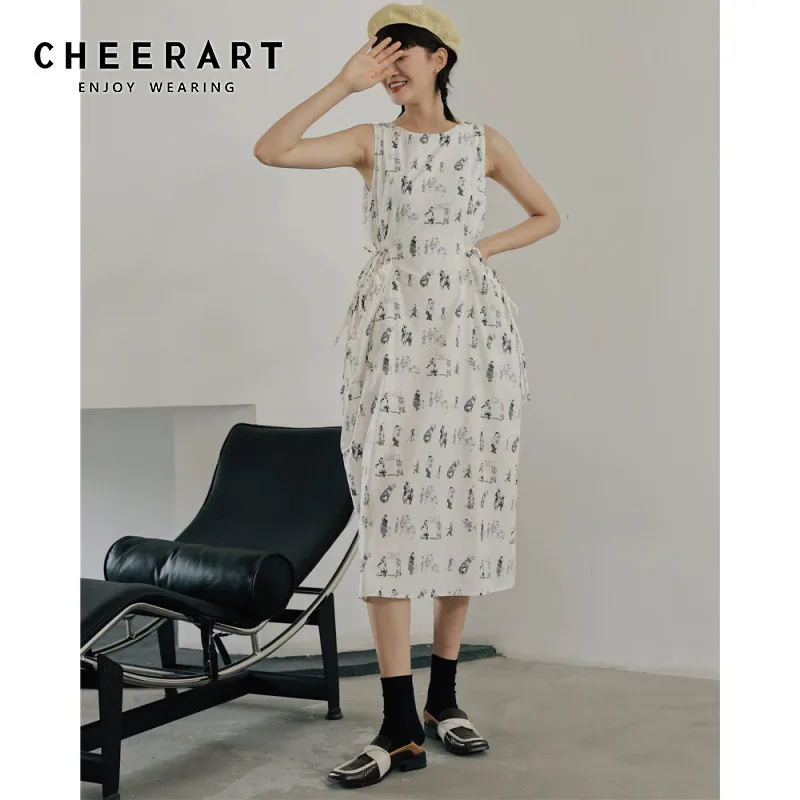 Cheerart Katun Putih Tanpa Lengan Tangki Gaun Lukisan Musim Panas Panjang Midi Fit Dan Flare Gaun Wanita Kasual Desainer Serut Gaun Gaun Aliexpress