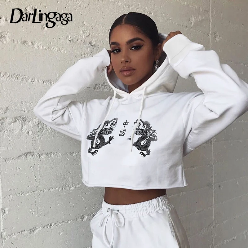  Darlingaga Chinese Style Dragon Print Cropped Hoodie Sweatshirt Streetwear Pullover Loose Autumn Ho