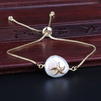 

tiny gold sea star starfish charm natural freshwater pearl bead connector thin link dainty bracelet for women birthday gift