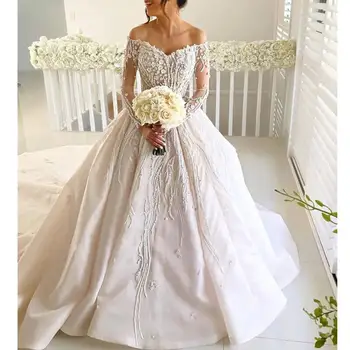 شراءVestidos De Novia 2020 مثير قارب الرقبة الكرة ثوب الزفاف الفاخرة الديكور طويلة الأكمام الزفاف تنمو فستان عروس