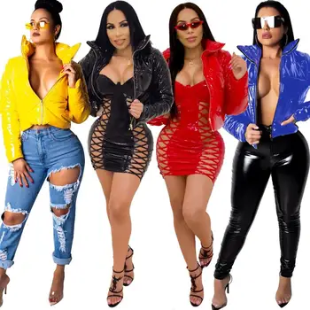 

Ladies PU Padded Coats Winter Short Jacket Women Sexy Casual Cotton Parka Coat Fashion Stand Collar New Thicken Warm Jackets