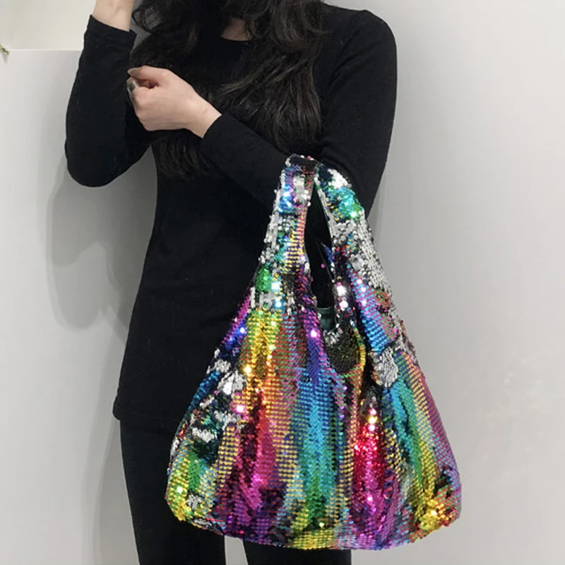 

Fashion Colorful Sequins Women Shoulder Bags Designer Satin Female Handbags Luxury Large Capacity Totes Ladies Casual Purse 2019