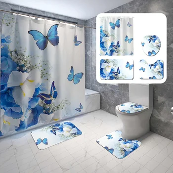 

Beating butterfly Print Shower Curtain 4 Piece Carpet Cover Toilet Cover Bath Mat Pad Set Bathroom Curtain 12 Hooks