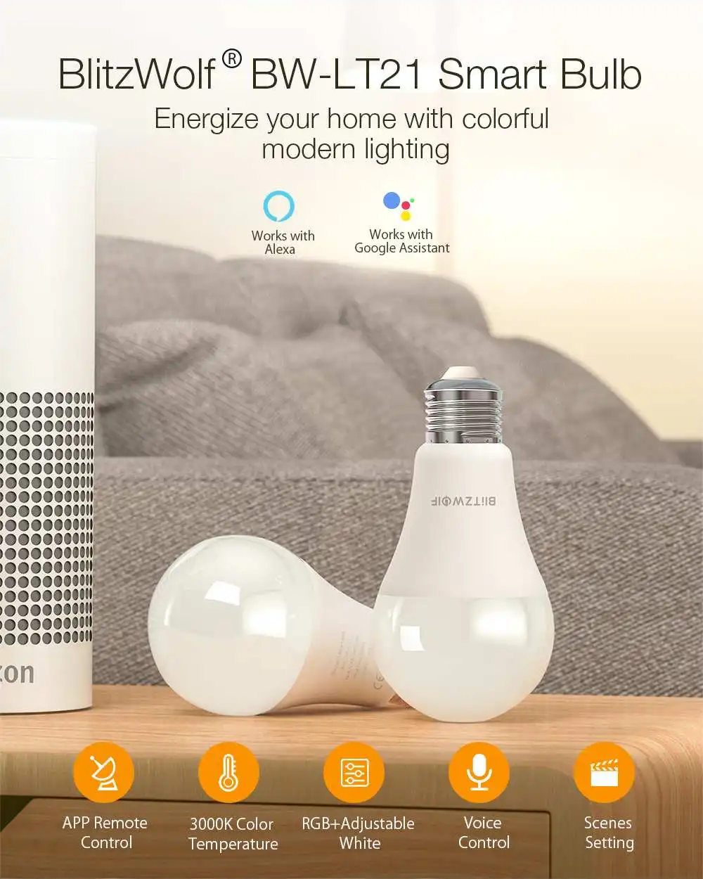 BlitzWolf BW-LT21, 3000K+ RGB, умный Wifi светодиодный светильник, умная лампа с приложением, дистанционное управление, поддержка Amazon, для Echo, для Google Home