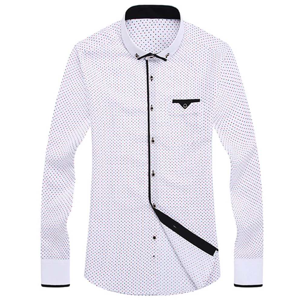 Бизнес Мужчины точка плед печати отложным воротником с длинным рукавом Кнопка рубашка блузка Топ