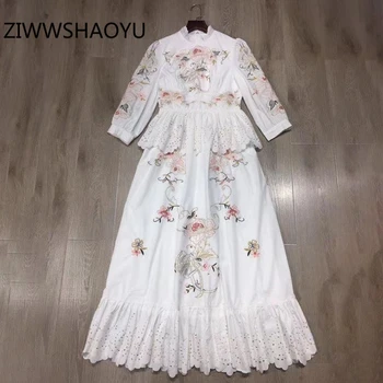 

ZIWWSHAOYU Autumn Female Elegant Vintage Long Dresses Fashion Designer Women Stand Collar Hollow Out Embroidery White Dress