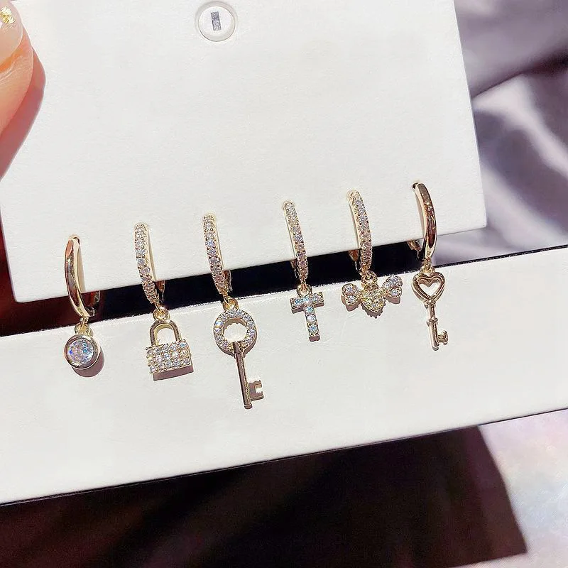 ALLNEWME Korean Small Lock Key Cross Pendant Earrings for Women Ladies Full Shinning Rhinestone Earrings Exquisite Accessories