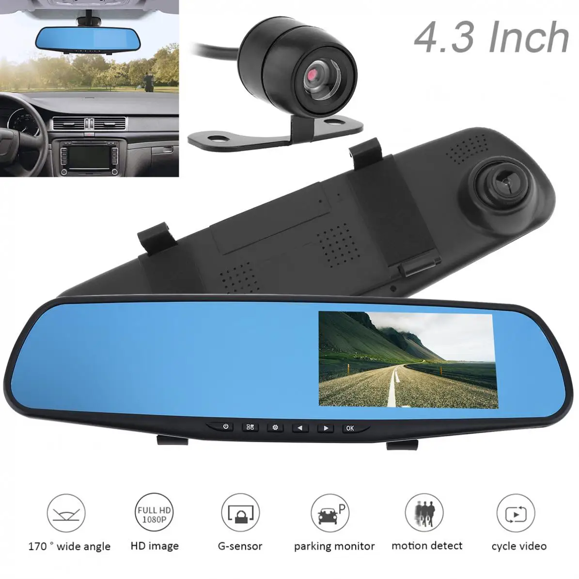 

4.3" 1080P Full HD 32GB Rearview Mirror Dual Channel Recorder Cyclic Recording Motion Detection Night Version and G-sensor