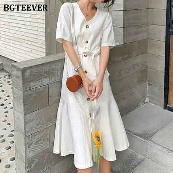 

BGTEEVER Casual V-neck Single-breasted White Dress Women Short Sleeve Lace-up Female A-line Dress Vestidos Femme Summer 2020